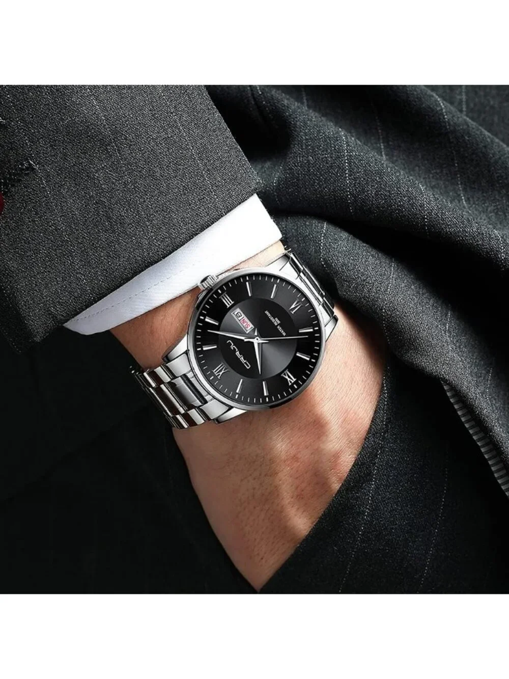 Men's Silver Black Luxury Stainless Steel Chronograph Analog Quartz Round Watch